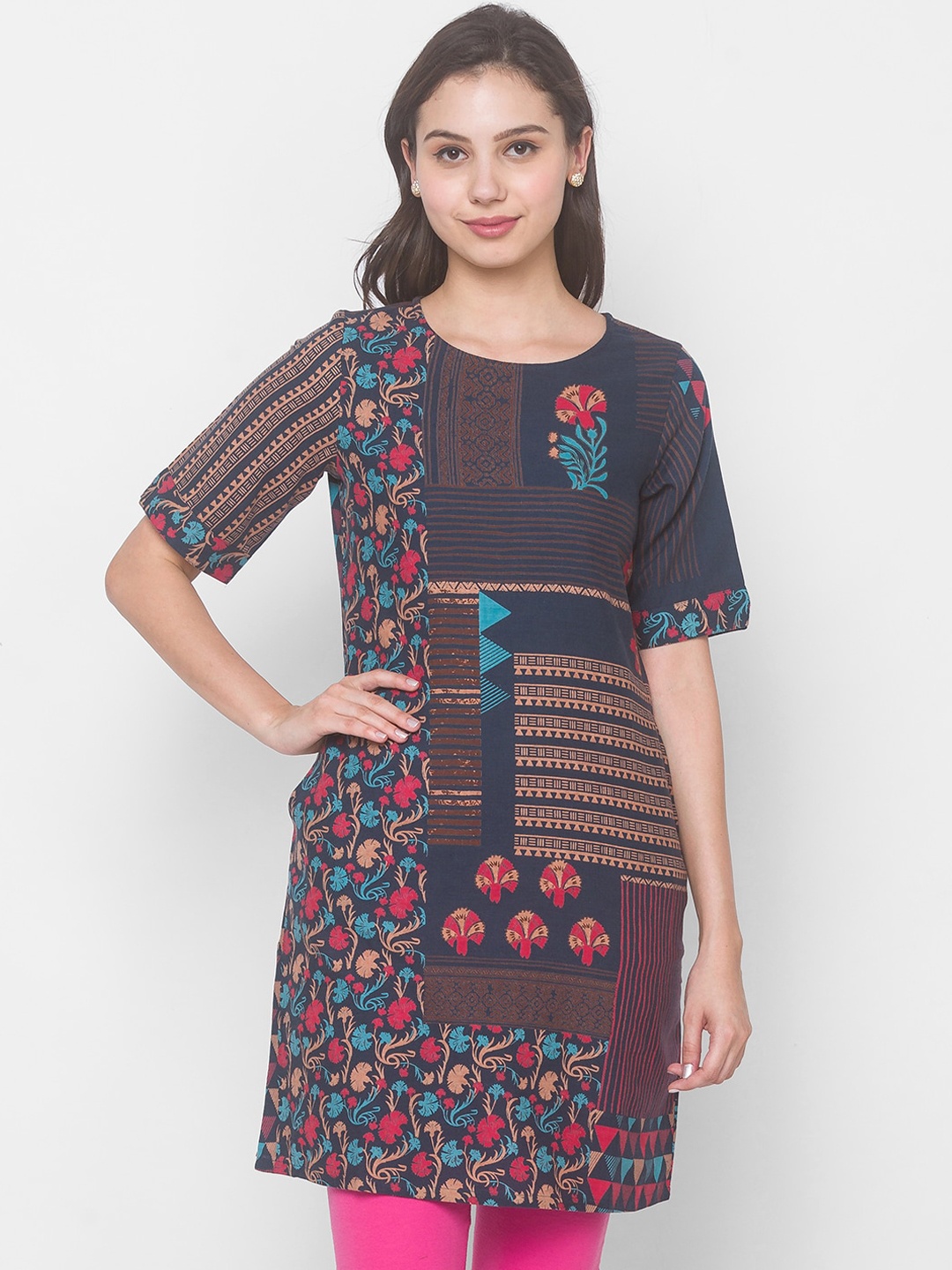 

Globus Navy Blue Floral Kurta