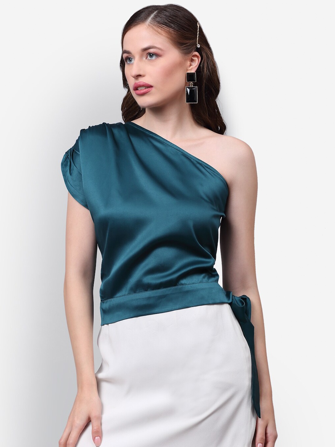 

NEUDIS Women Green One Shoulder Sheen Satin Regular Top