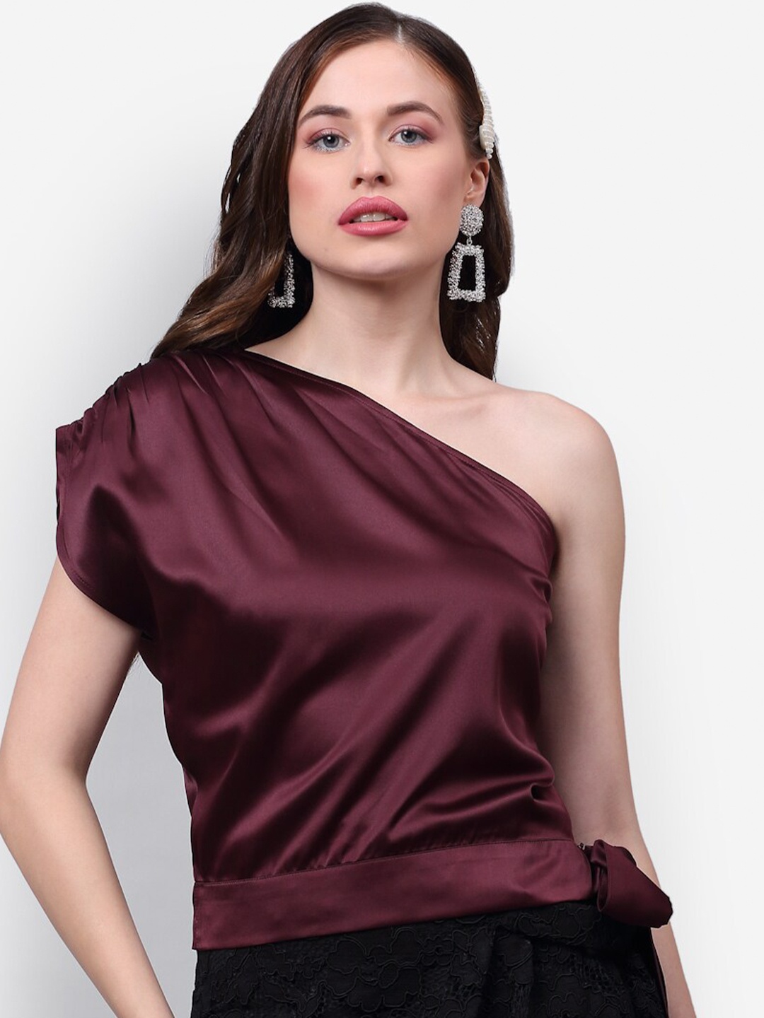 

NEUDIS Women Maroon One Shoulder Sheen Satin Regular Top