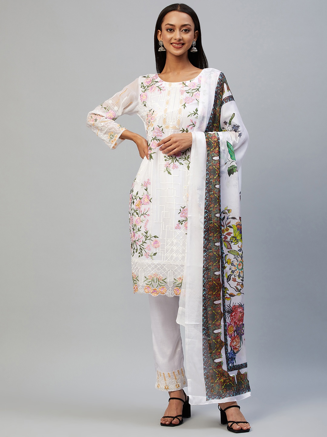 

Readiprint Fashions White & Pink Embroidered Unstitched Dress Material