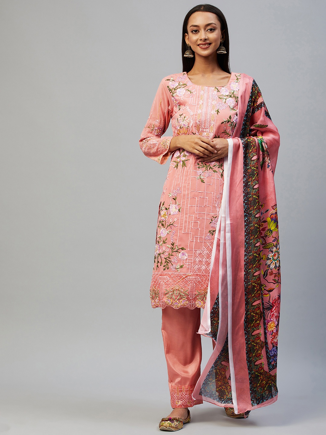 

Readiprint Fashions Peach-Coloured & Pink Embroidered Unstitched Dress Material