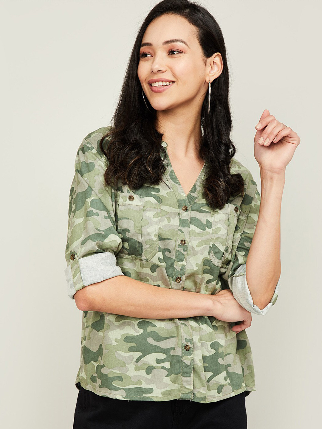 

Fame Forever by Lifestyle Women Olive Green Roll-Up Sleeves Shirt Style Top