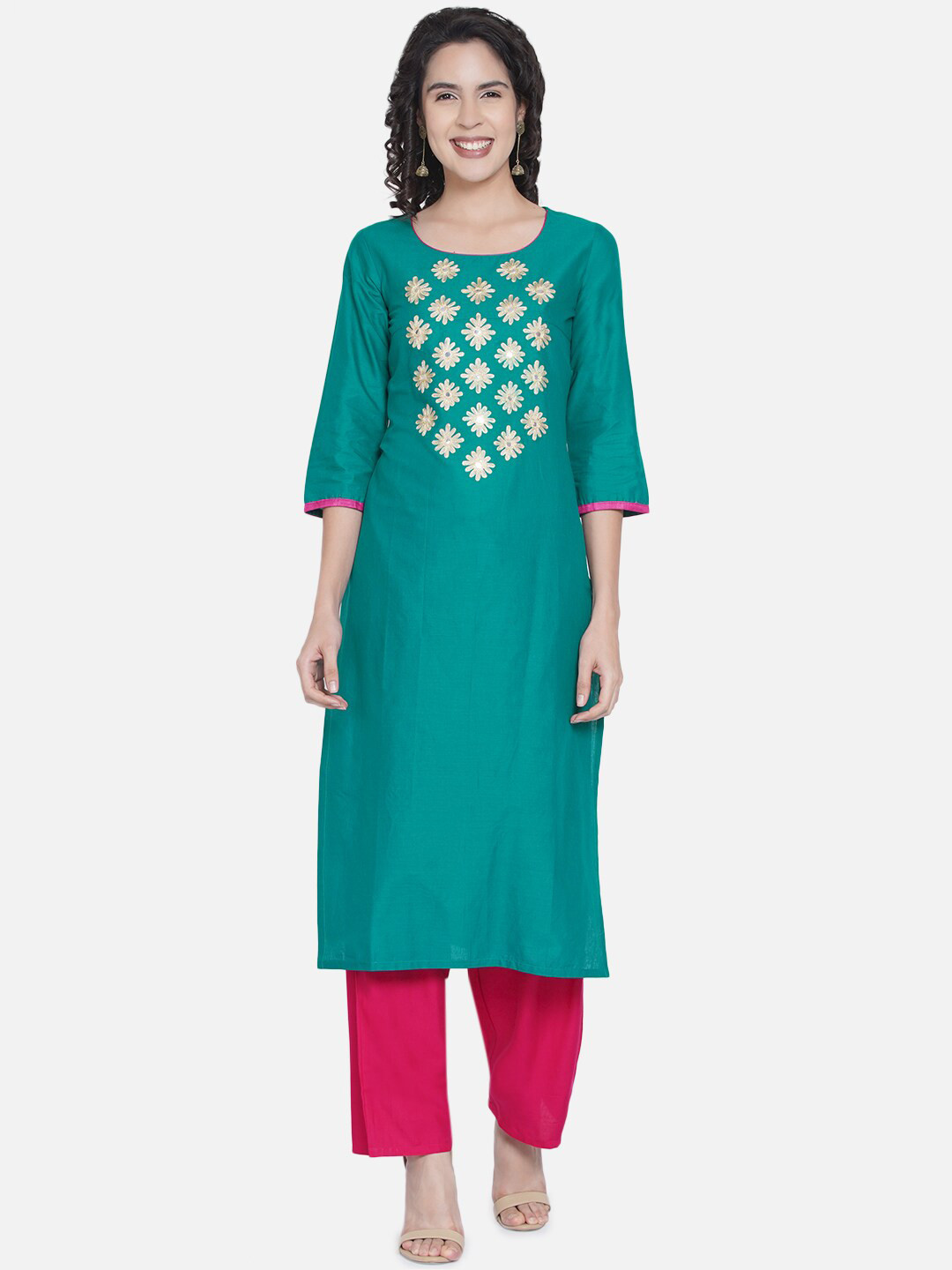 

Akshatani Teal Ethnic Motifs Embroidered Pure Cotton Kurti