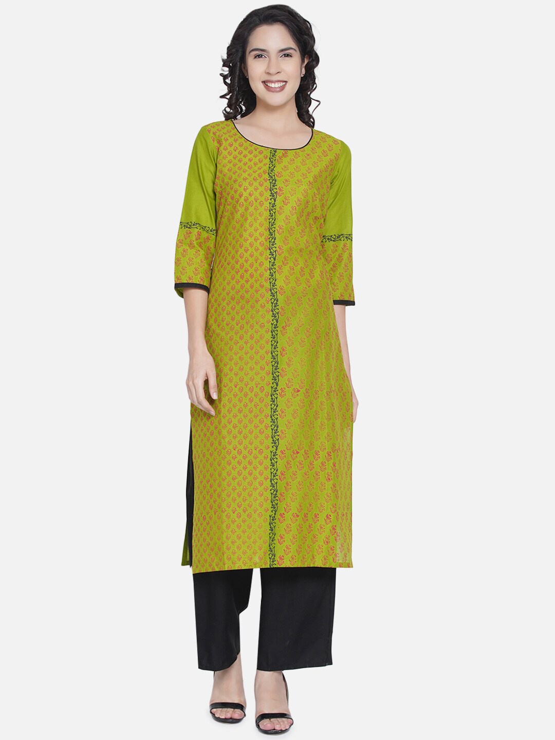 

Akshatani Women Green Floral Printed Straight Kurta