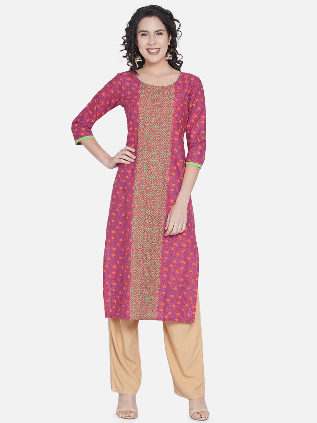 

Akshatani Old Rose Floral Printed Straight Pure Cotton Kurta