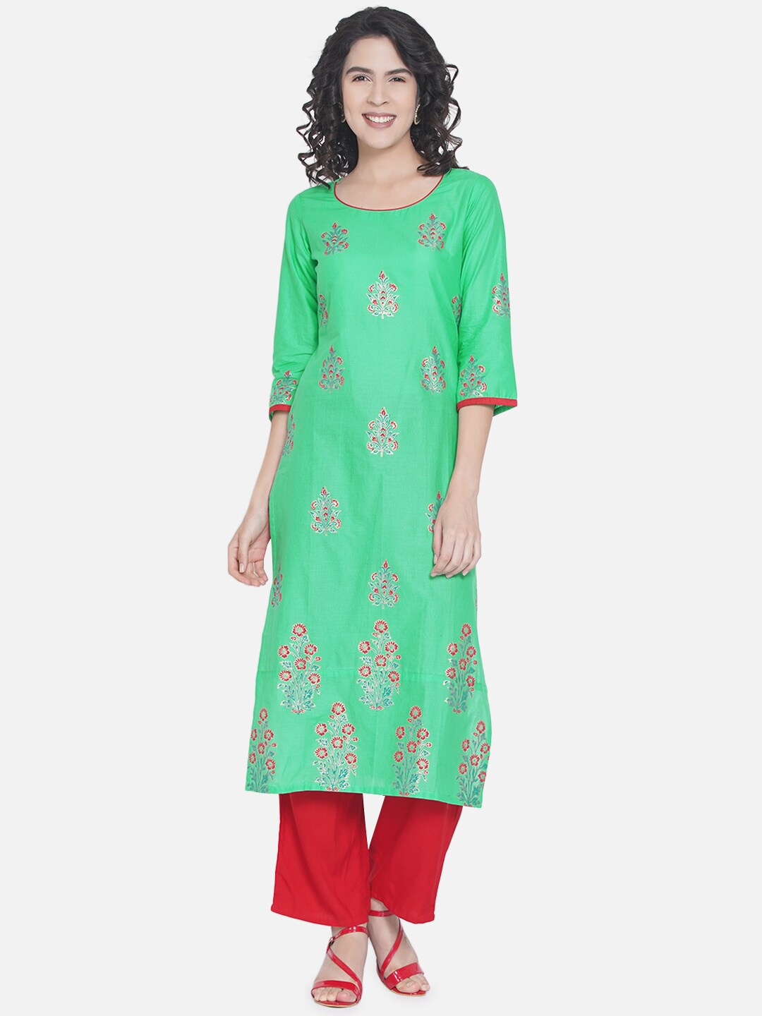 

Akshatani Women Green & Red Ethnic Motifs Printed Kurta