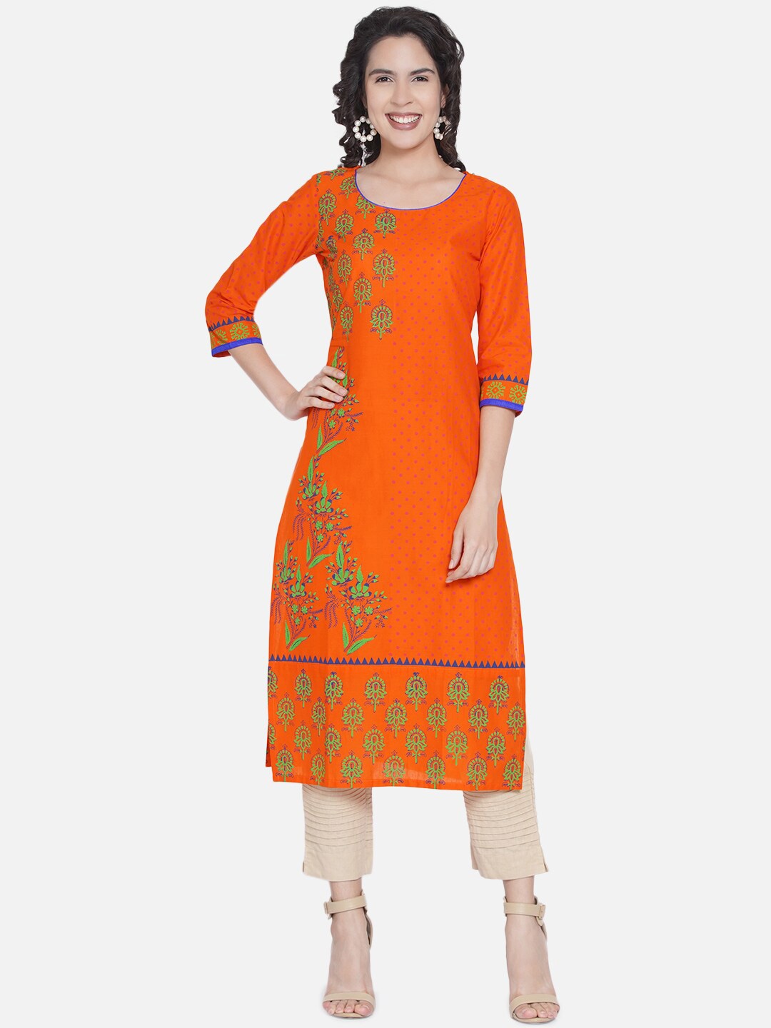 

Akshatani Women Orange & Green Ethnic Motifs Pure Cotton Printed Kurta