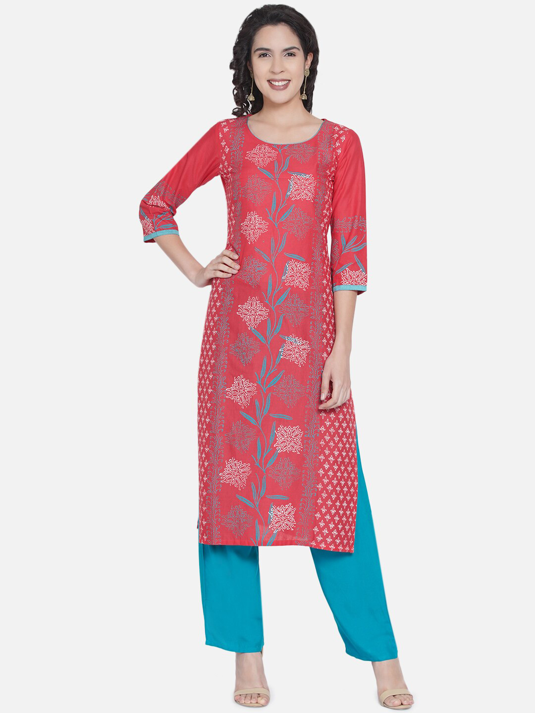 

Akshatani Women Rose Red Handblock Printed Floral Cotton Kurta
