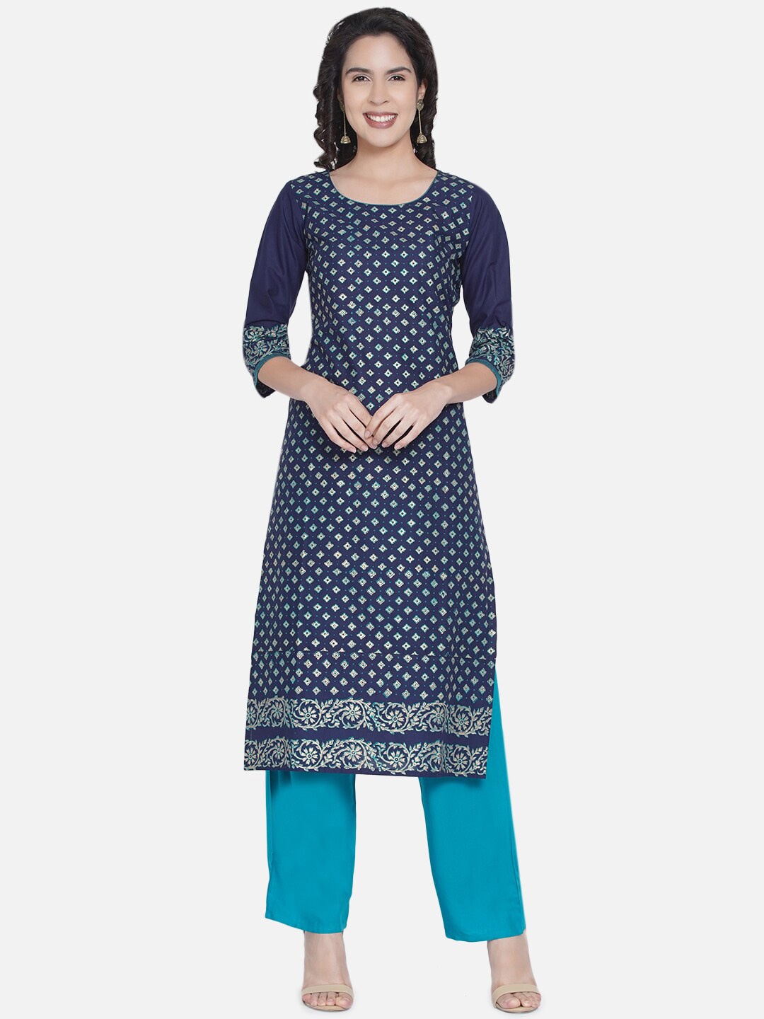 

Akshatani Women Blue Geometric Printed Cotton Kurta