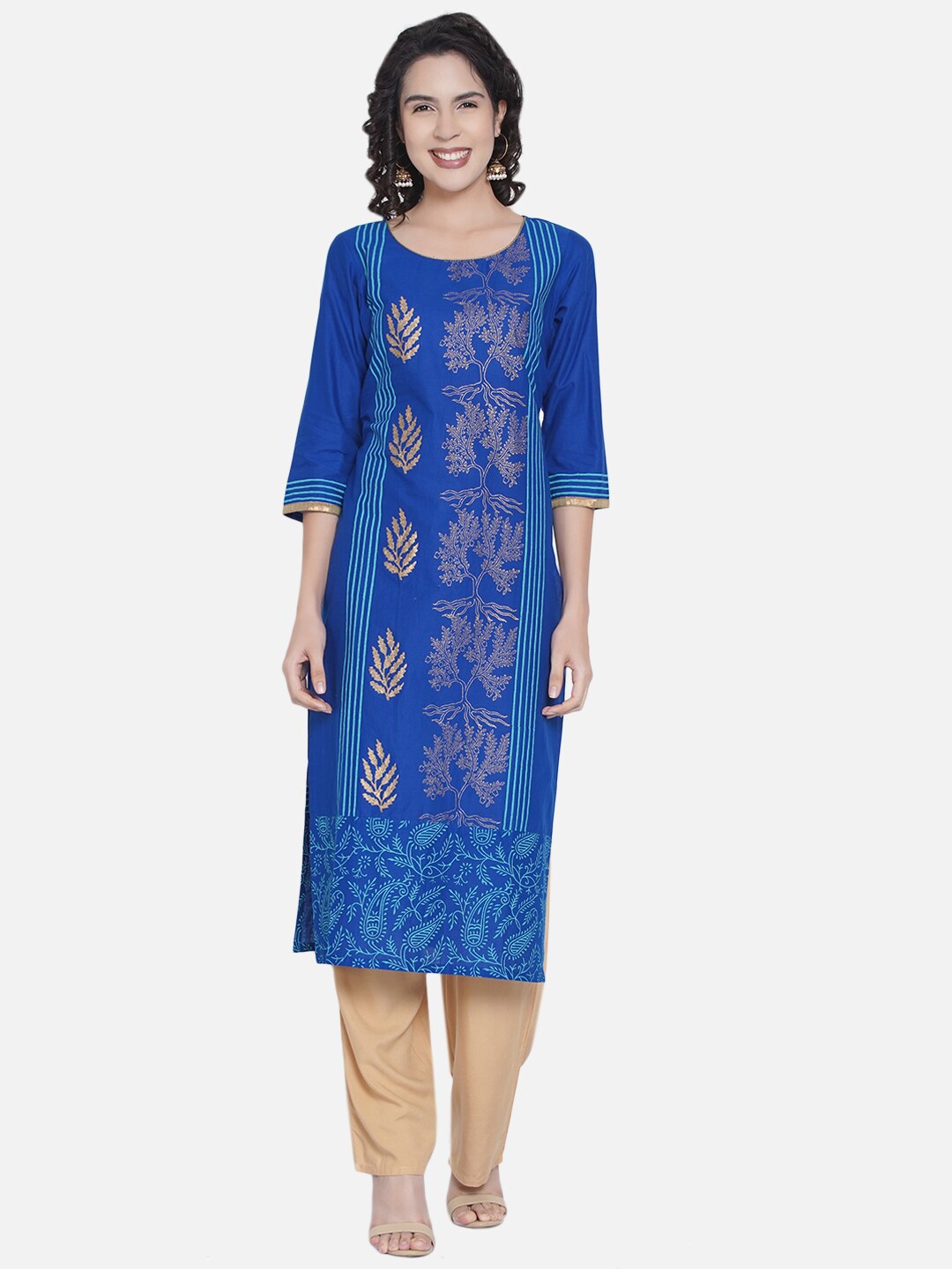 

Akshatani Women Blue & Gold-Toned Ethnic Motifs Printed Kurta