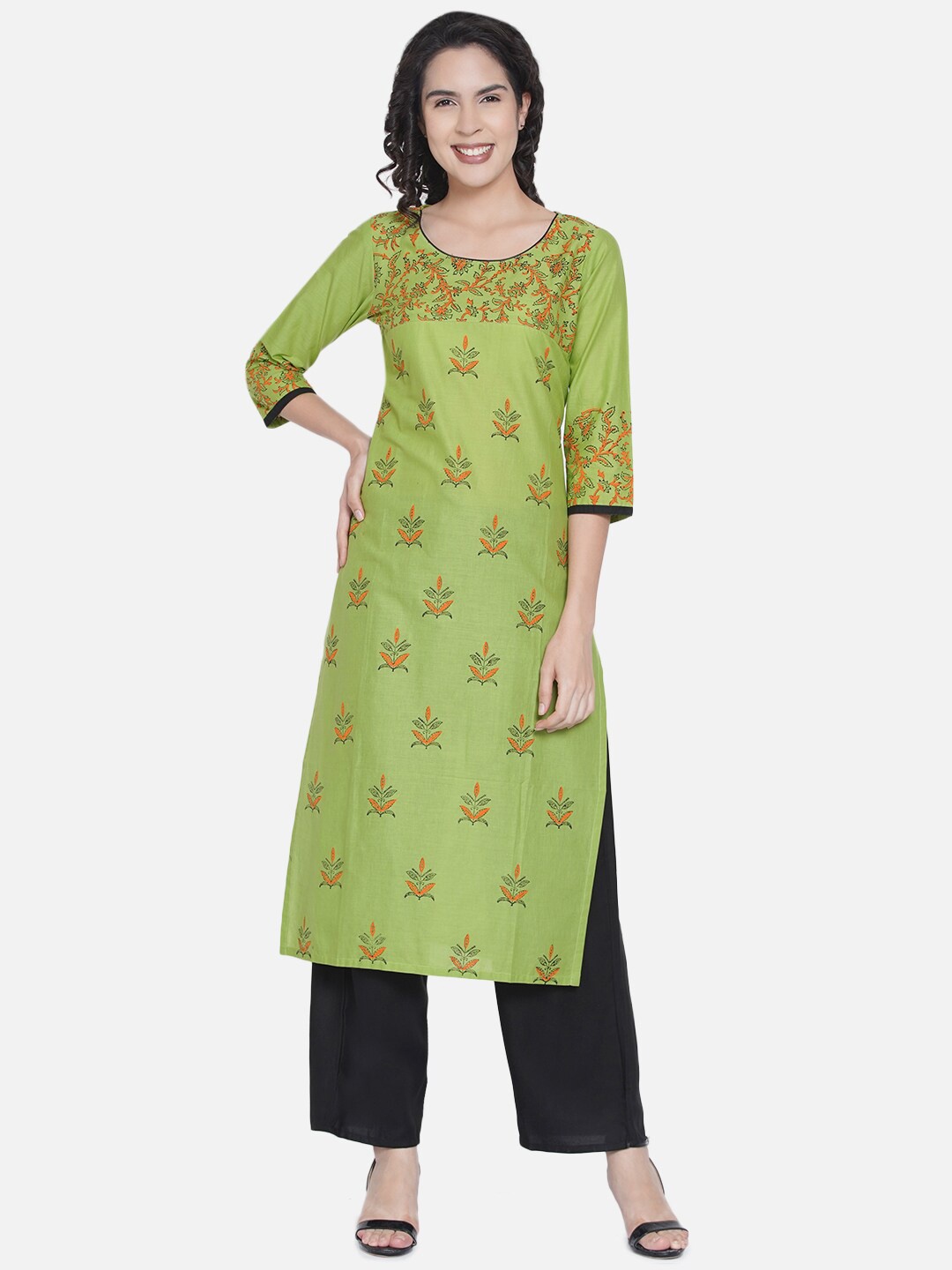 

Akshatani Green & Orange Ethnic Motifs Handblock Printed Pure Cotton Kurta