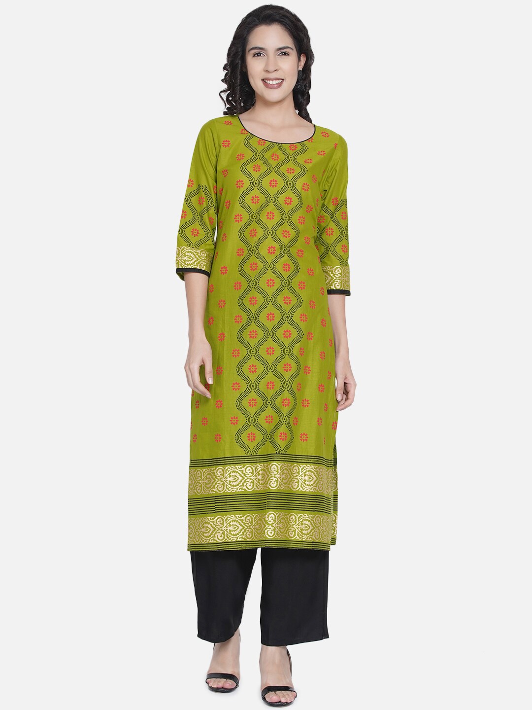 

Akshatani Olive Green & Gold-Toned Floral Printed Pure Cotton Kurta