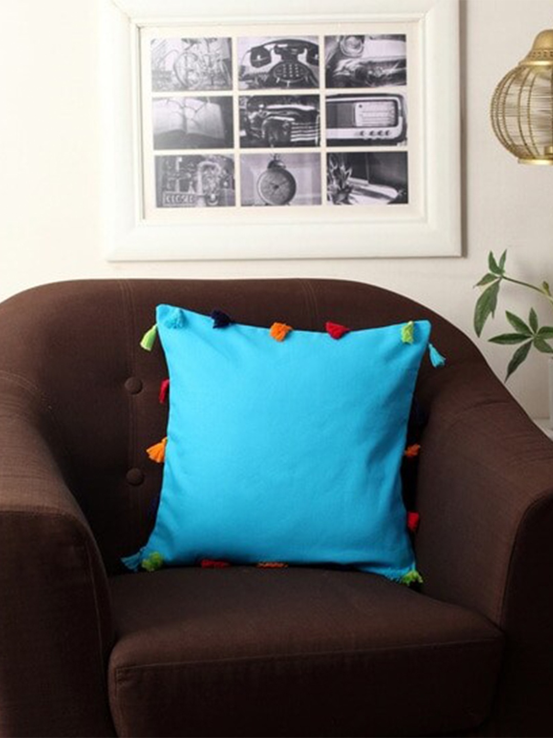 Lushomes Set of 3 Blue Pure Cotton Square Cushion Covers With Tassels