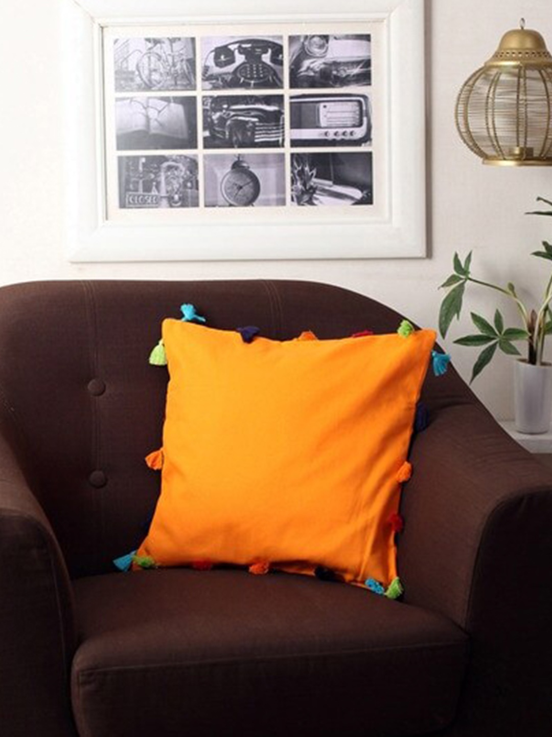 

Lushomes Orange Set of 3 Square Cushion Covers With Colorful Tassels
