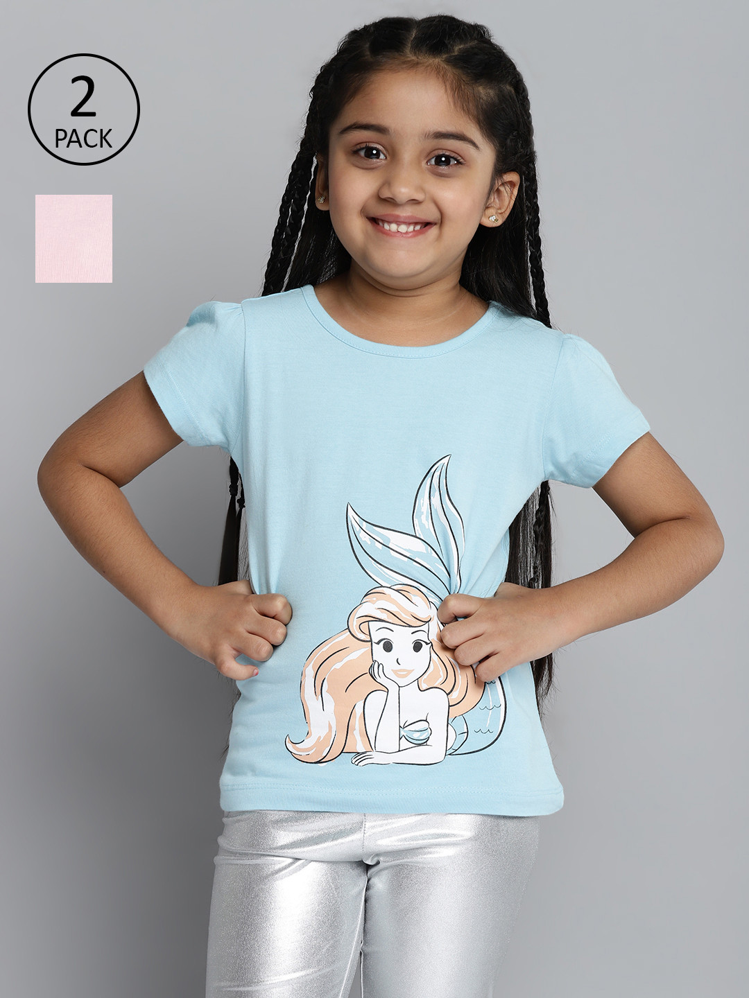 

YK Disney Girls Pack of 2 Disney Princess Print Pure Cotton Top, Pink