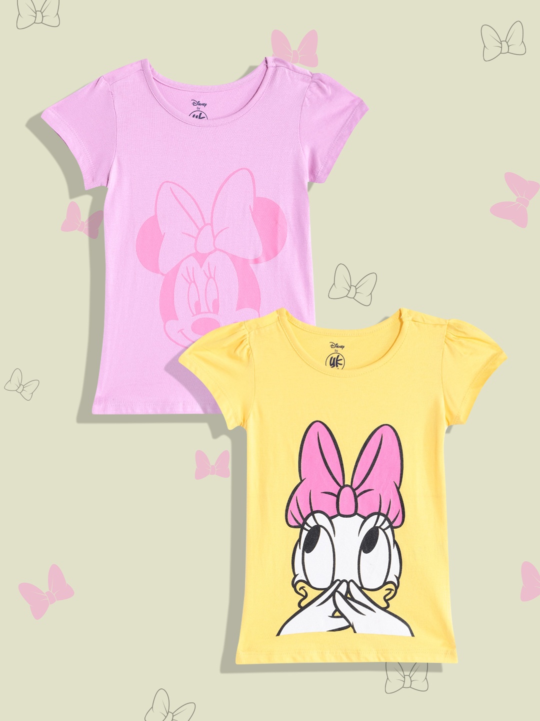 

YK Disney Girls Pack of 2 Minnie & Daisy Print Pure Cotton Tops, Pink