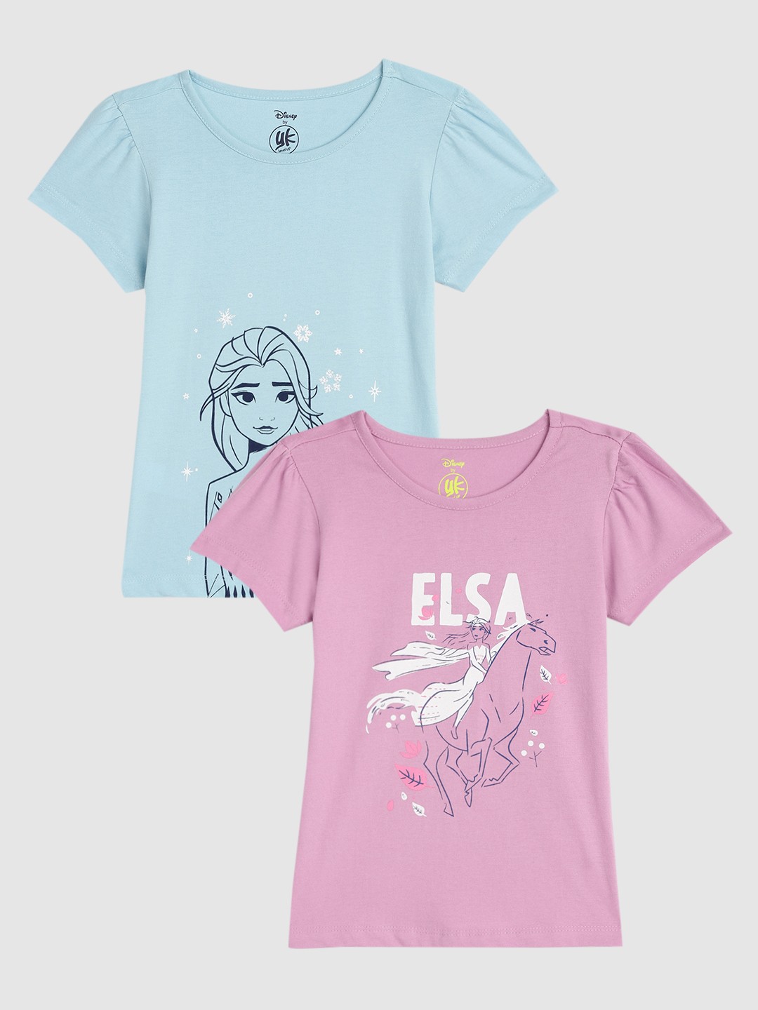 

YK Disney Girls Pack of 2 Pure Cotton Elsa Print Puff Sleeves Tops, Blue