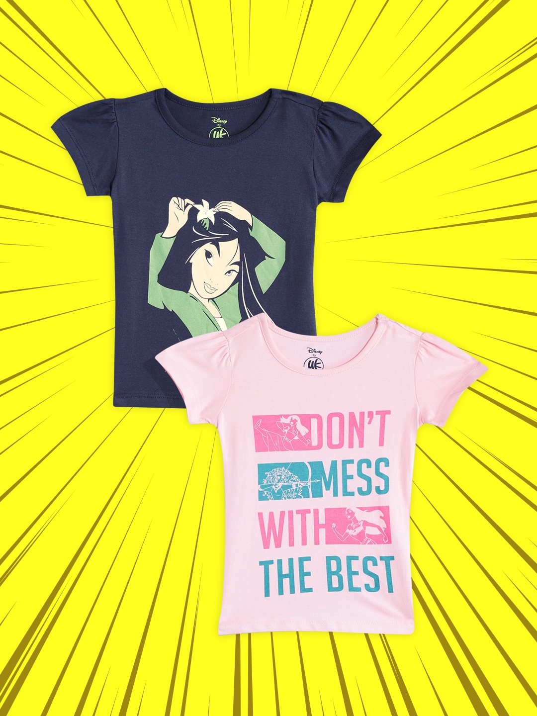 

YK Disney Girls Pack of 2 Mulan Printed Cotton T-shirt, Navy blue