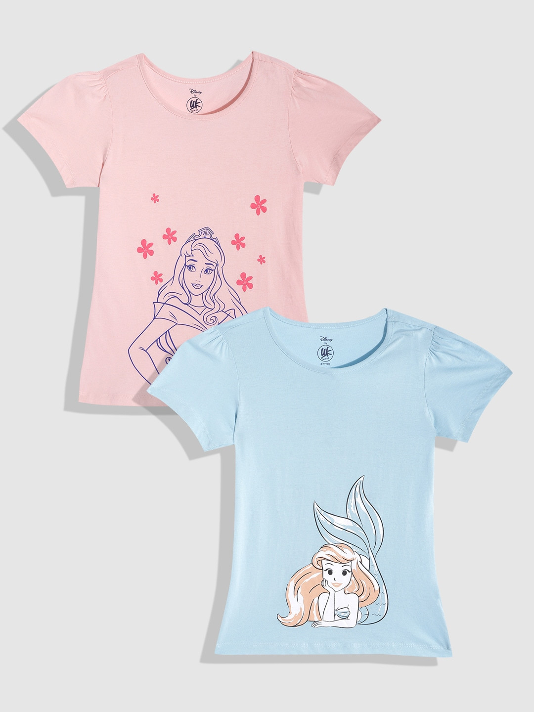

YK Disney Girls Pack of 2 Disney Princess Print Pure Cotton T-shirts, Pink