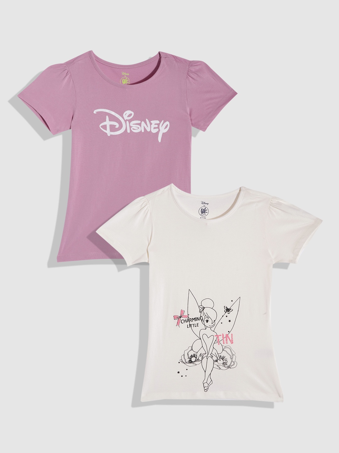 

YK Disney Girls Pack of 2 Tinker Bell & Disney Printed Cotton T-shirt, Cream