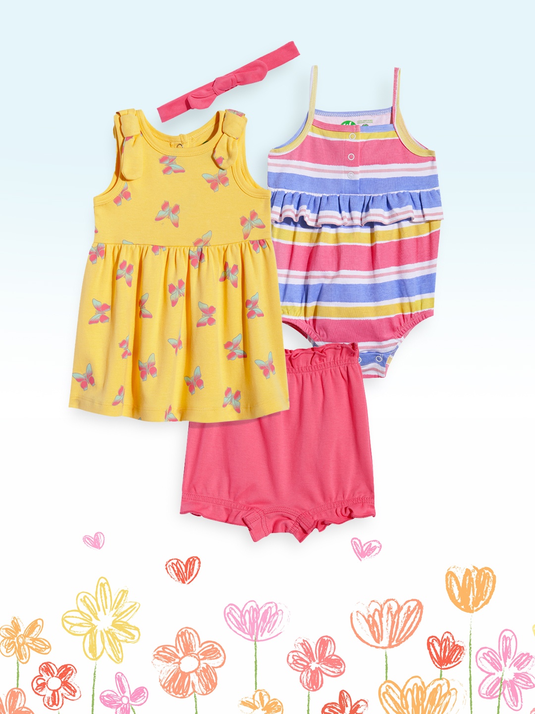 

YK Infant Girls Yellow & Pink Organic Cotton Dress with Bodysuit and Shorts with Hairband
