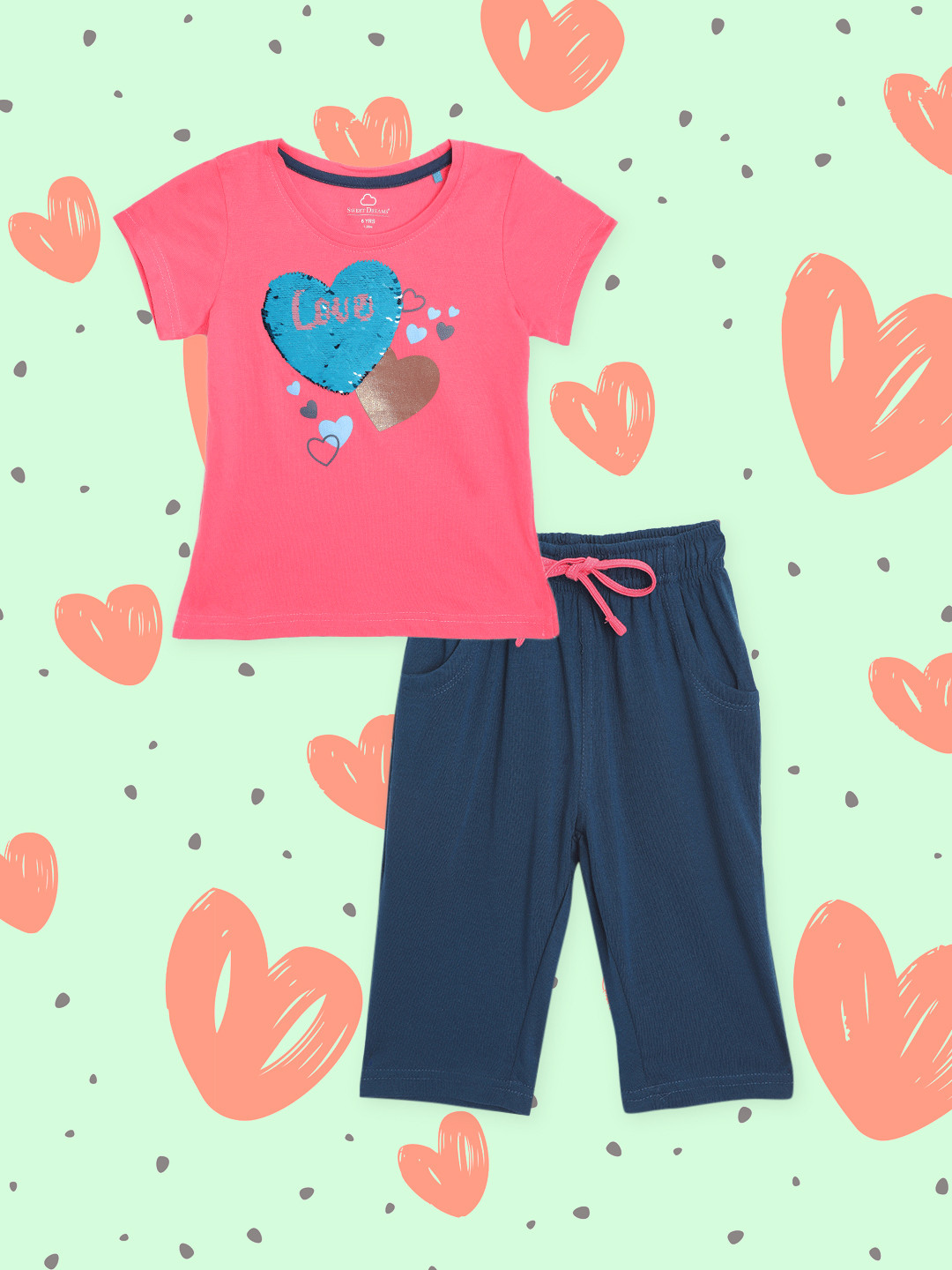 

Sweet Dreams Girls Pink & Navy Blue Printed Night suit with Sequenced Detail