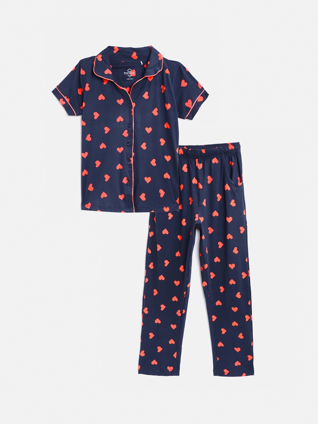 

Sweet Dreams Girls Navy Blue & Orange Conversational Print Pyjama Set