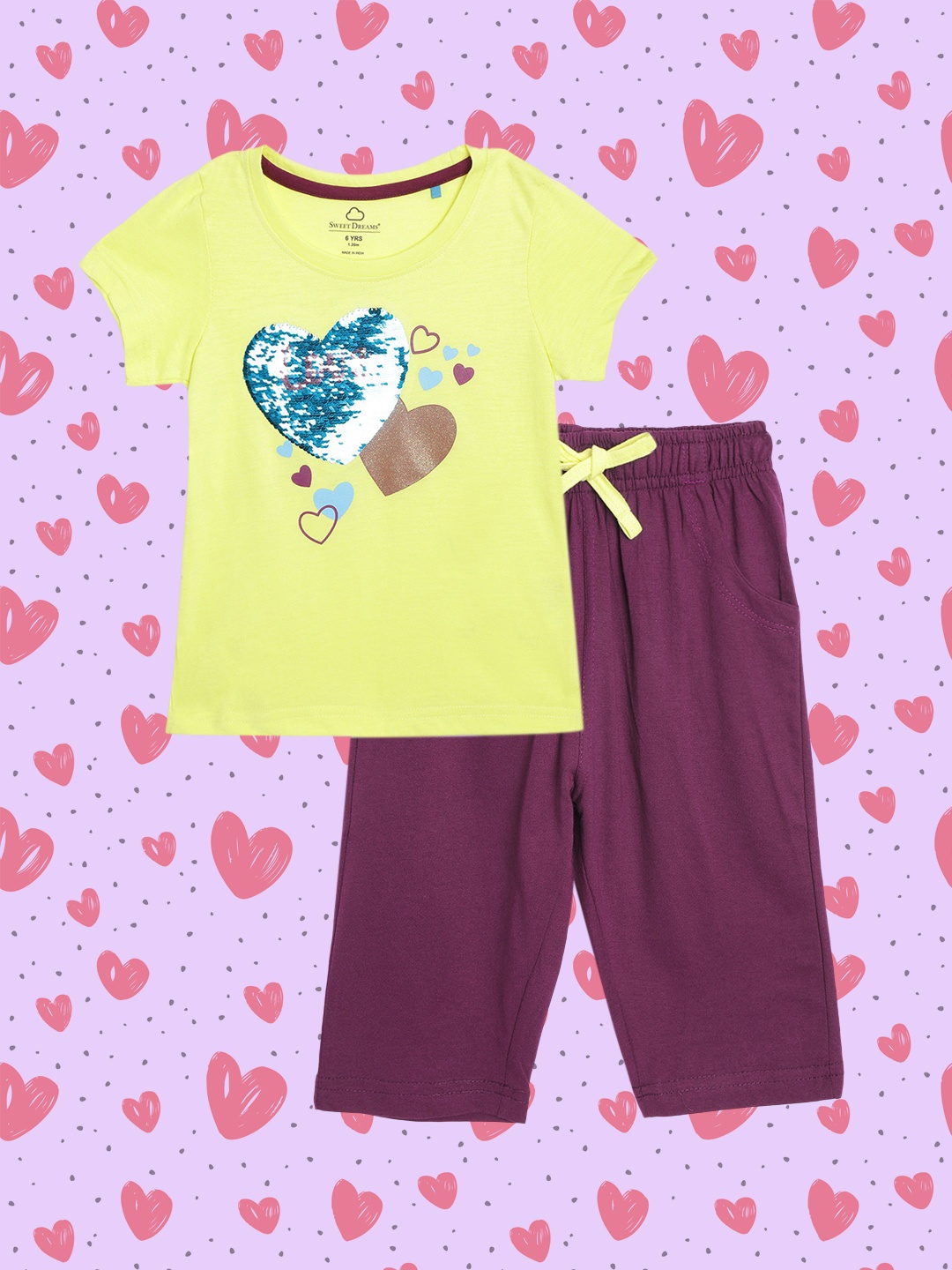 

Sweet Dreams Girls Yellow & Purple Printed Night suit with Sequenced Detail