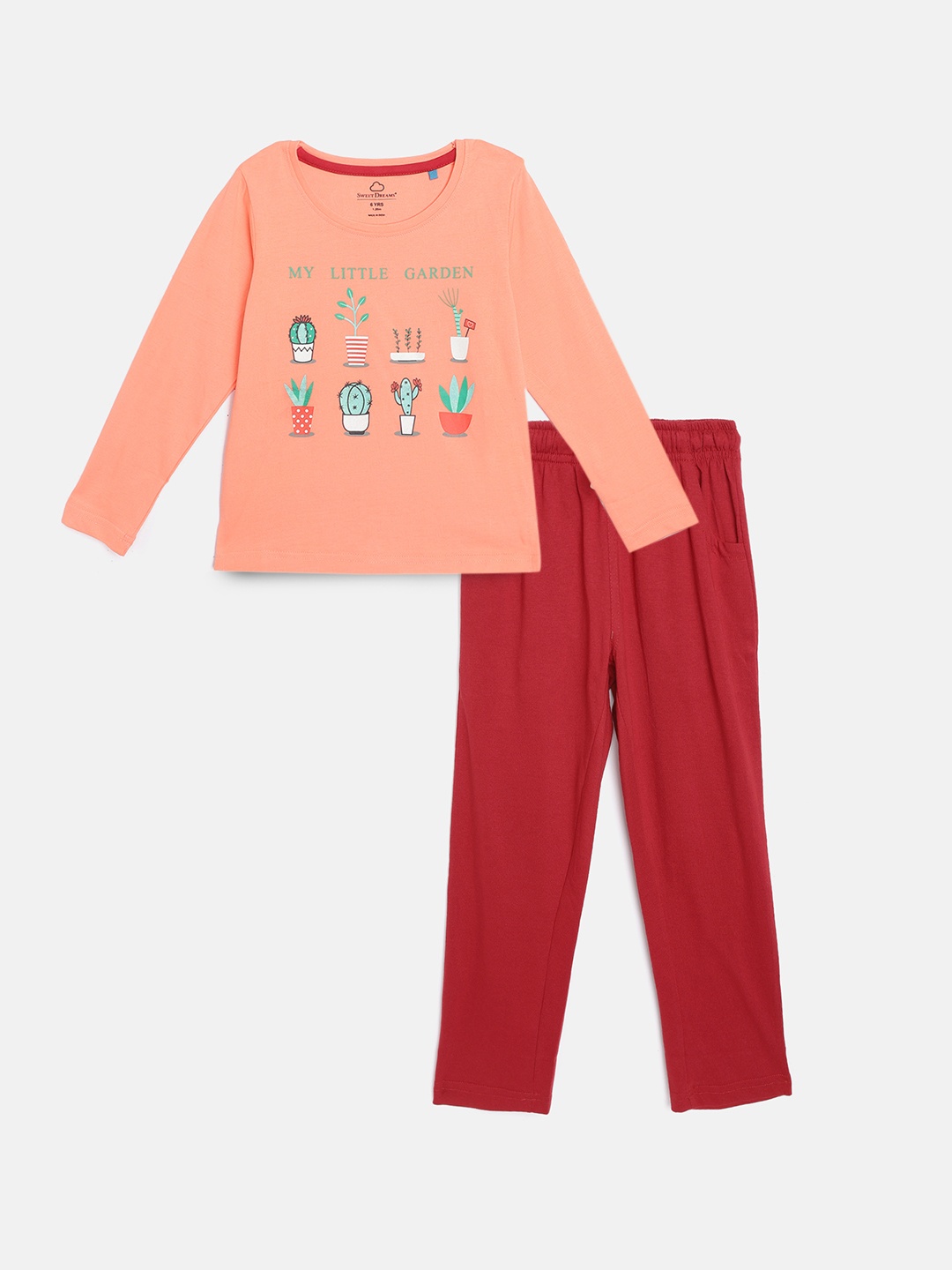 

Sweet Dreams Girls Peach-Coloured & Red Plants Print Pyjamas Set