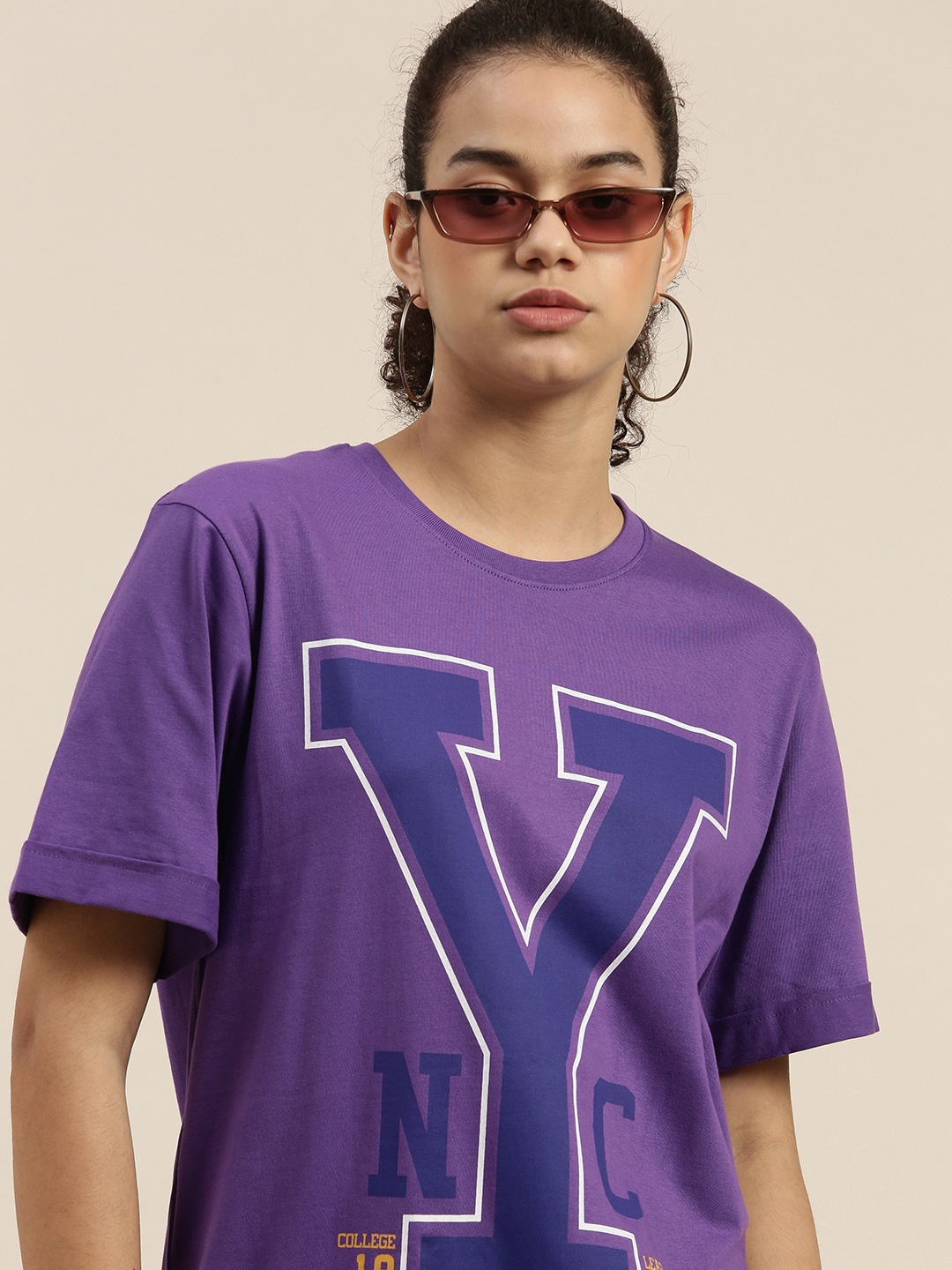 

DILLINGER Women Violet Typography Printed Pure Cotton OversizedT-shirt