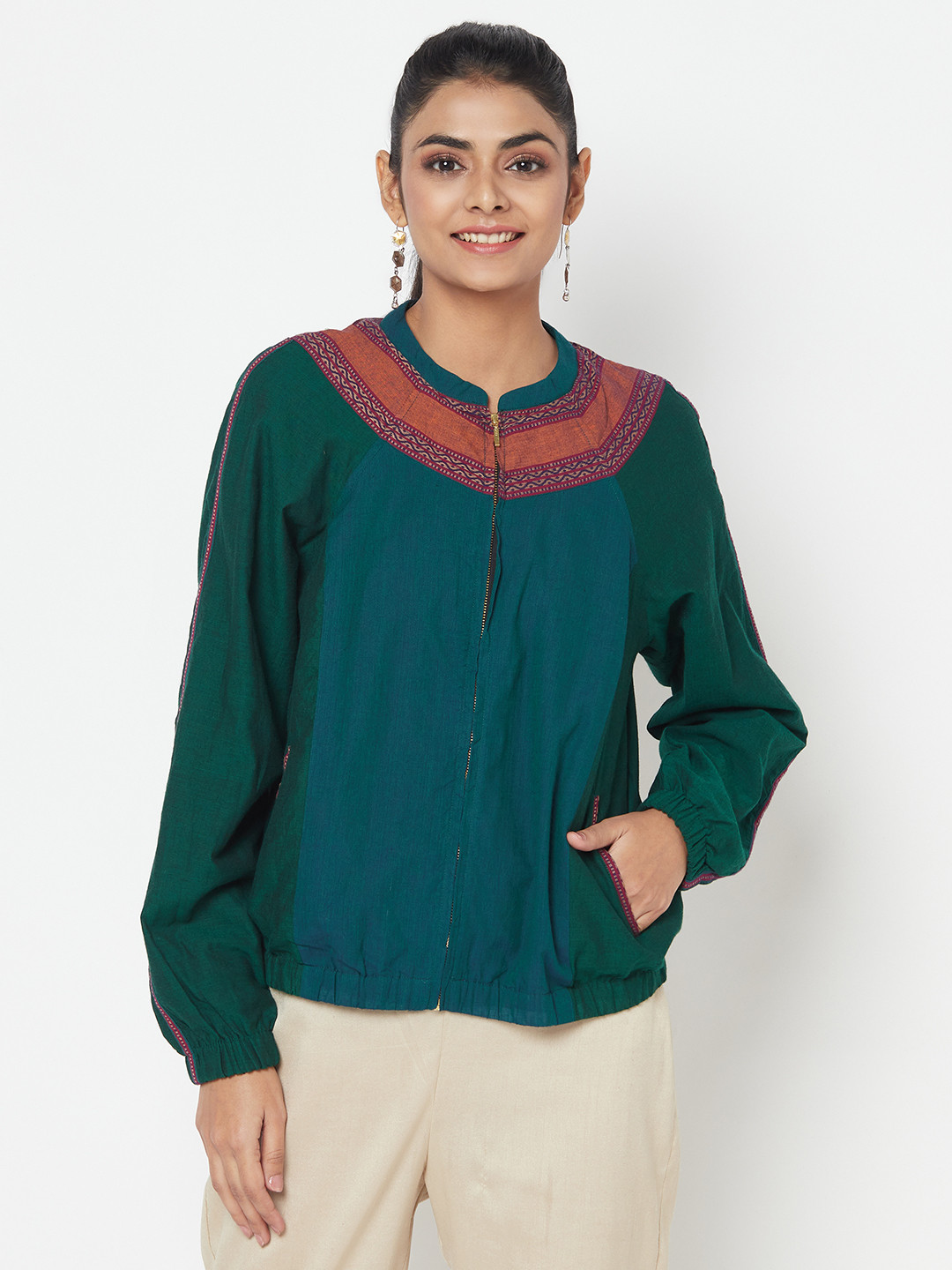 

Fabindia Women Green & Blue Colourblocked Bomber Jacket