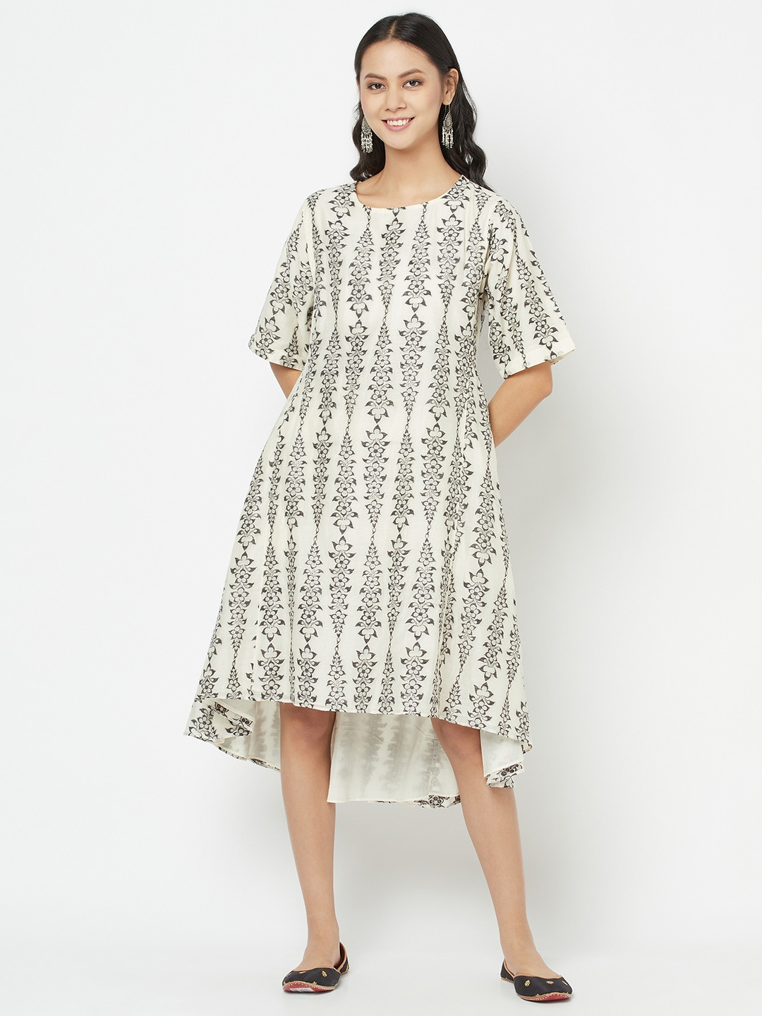 

Fabindia Off-White & Black Ethnic Motifs A-Line Dress