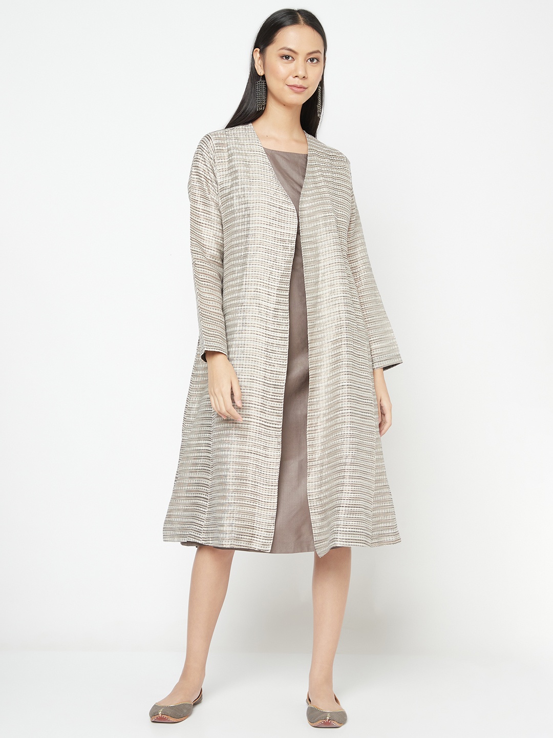 

Fabindia Off-White & Grey Solid Panelled A-Line Dress with Brocade Jacket