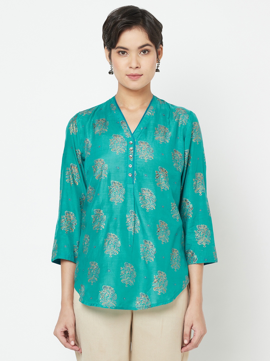 

Fabindia Sea Green Handblock Print Top