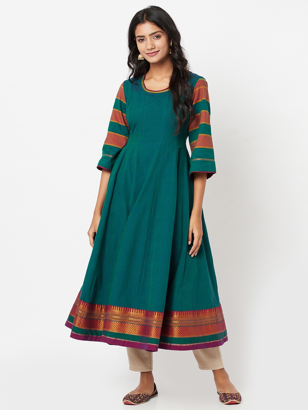 

Fabindia Women Teal Green Solid Pure Cotton Anarkali Kurta
