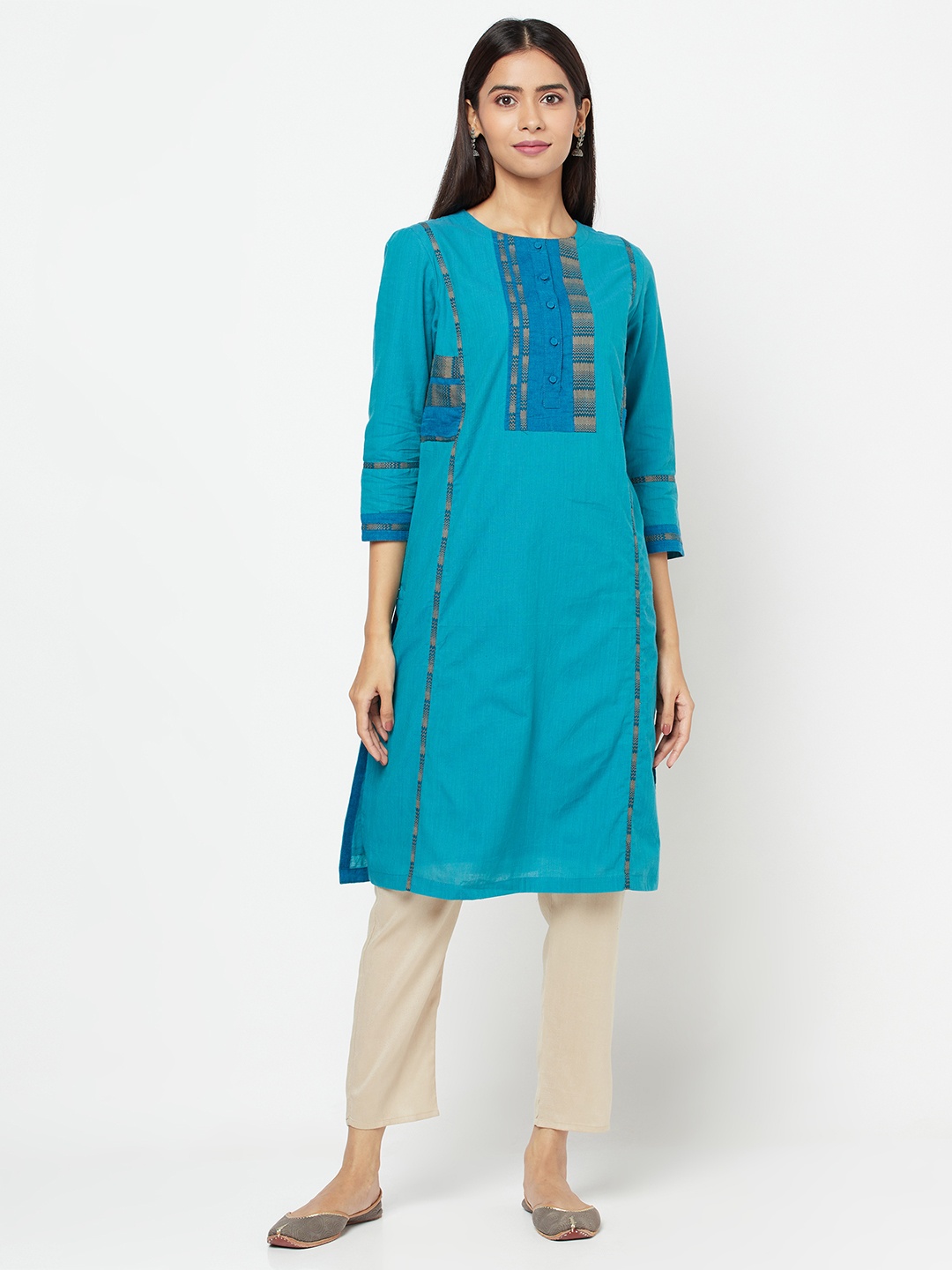 

Fabindia Women Blue Pure Cotton Yoke Design Straight Kurta