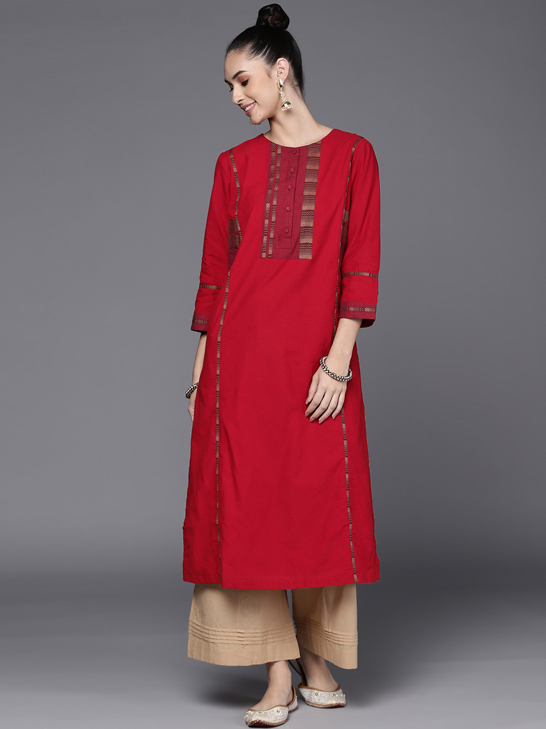 

Fabindia Women Red & Beige Chevron Yoke Design Pure Cotton Straight Kurta