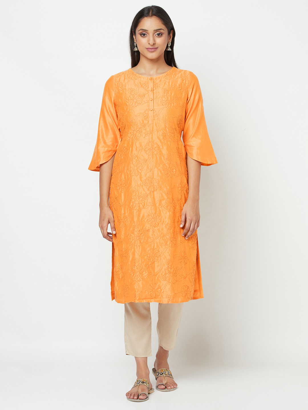 

Fabindia Women Yellow Ethnic Motifs Embroidered Thread Work Kurta