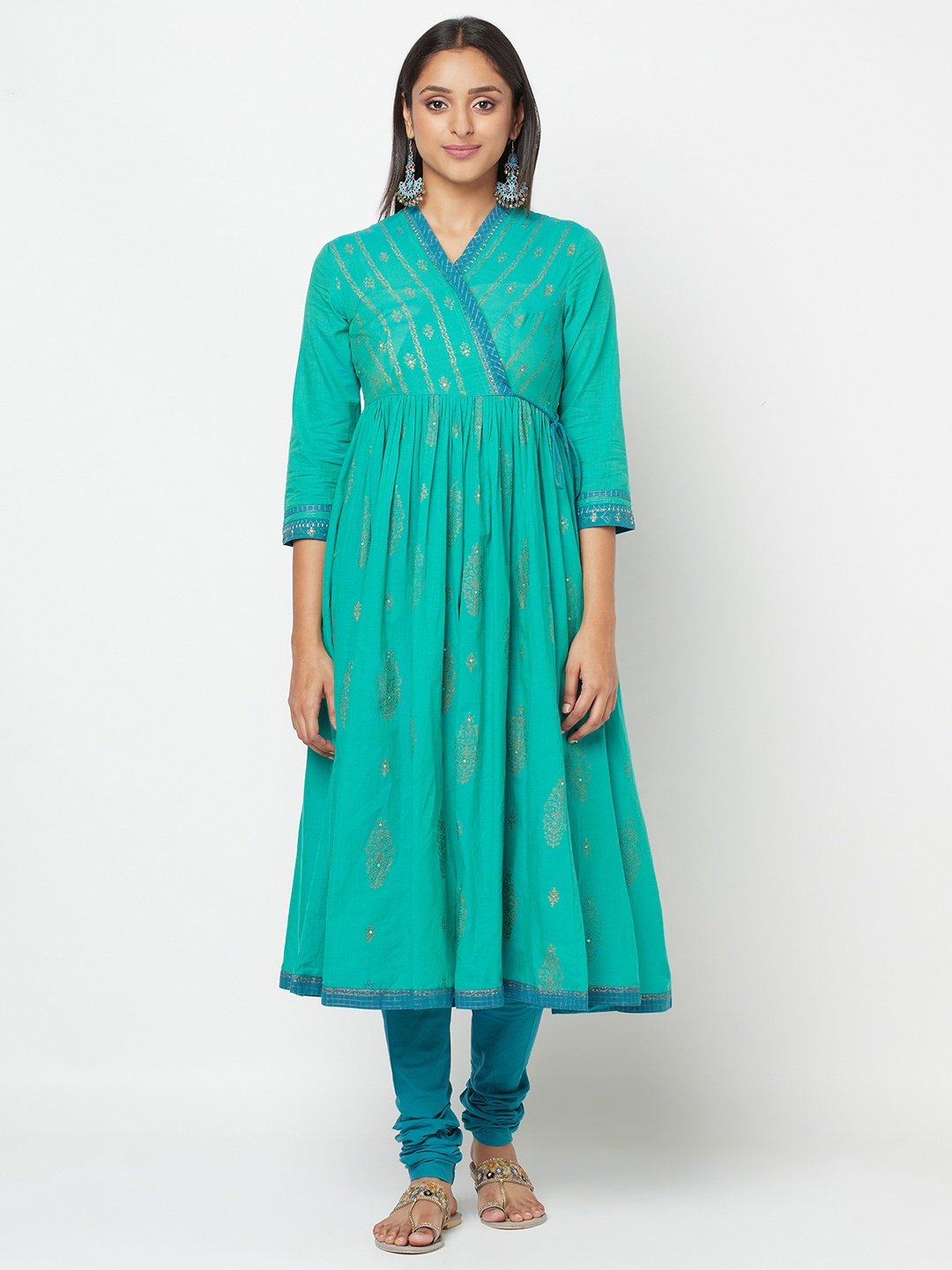 

Fabindia Women Teal Green & Blue Ethnic Motifs Angrakha Pure Cotton Kurta & Churidar