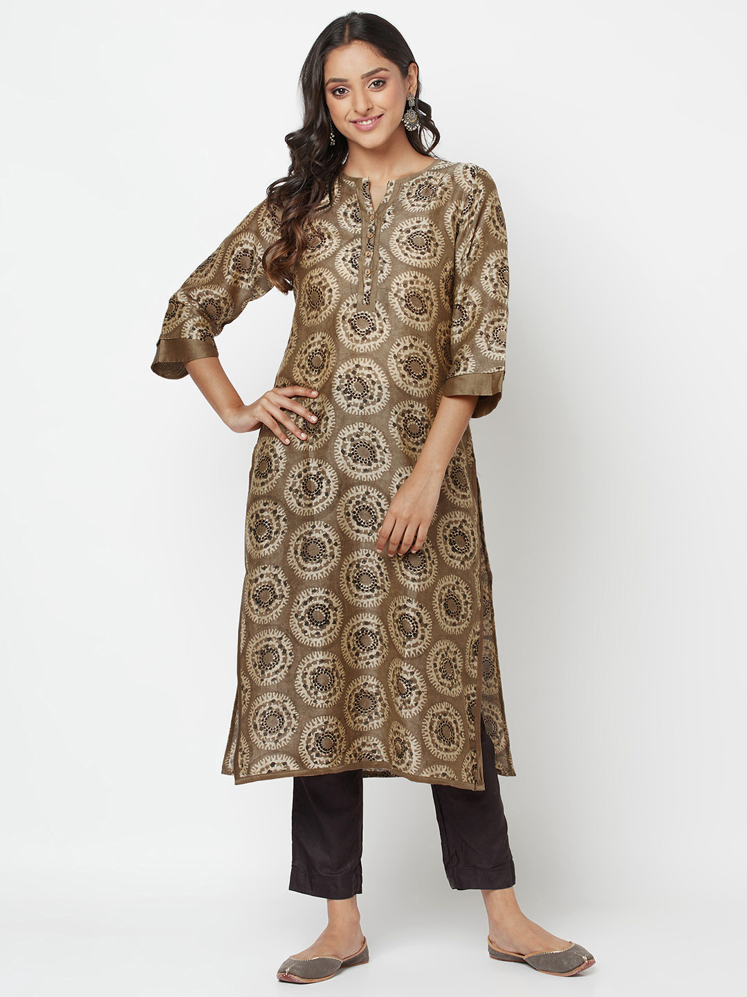 

Fabindia Women Olive Ethnic Motifs Hand Block Printed Kurta