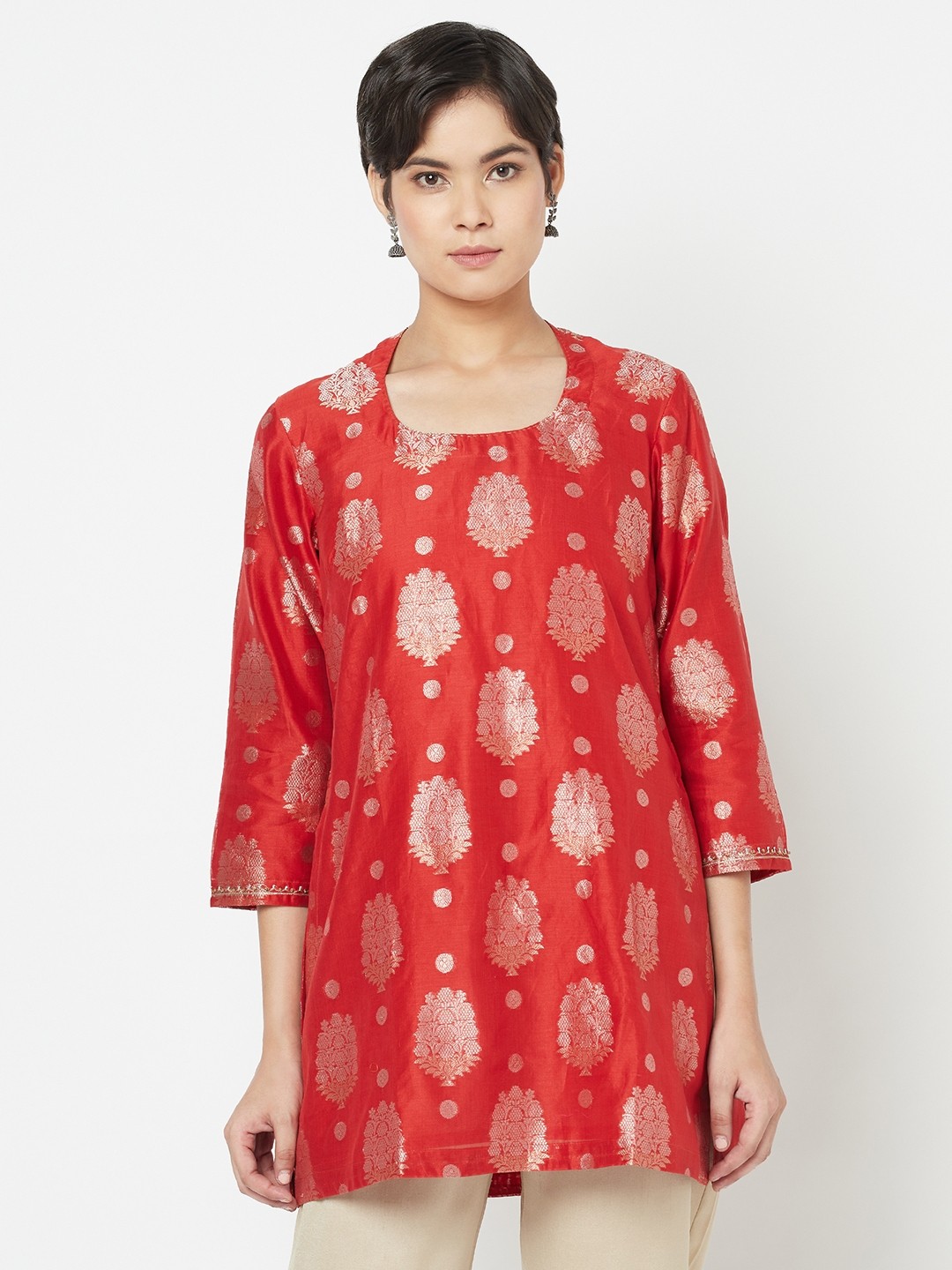 

Fabindia Red & Golden Ethnic Print Hand Embroidered Tunic