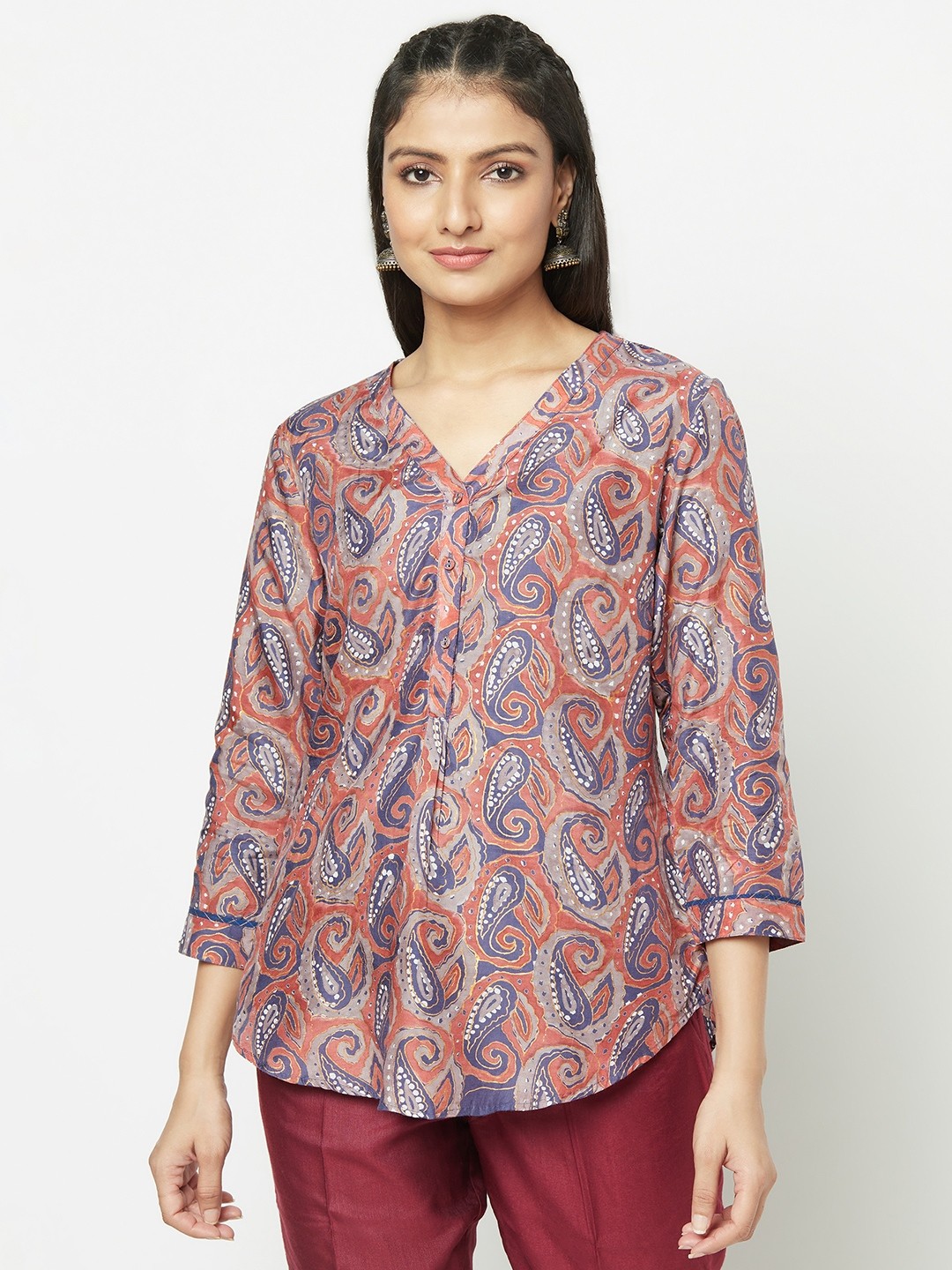 

Fabindia Blue & Coral Pink Scarf Print Regular Top