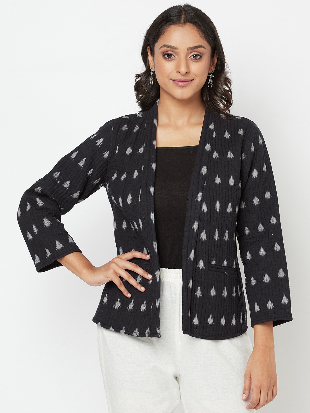 

Fabindia Women Black White Geometric Open Front Jacket