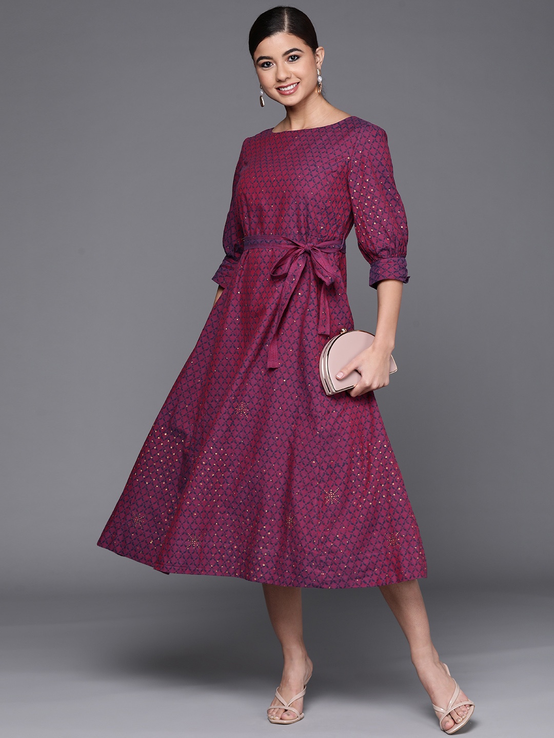 

Fabindia Magenta & Blue Pure Cotton Ethnic Motifs Print Midi A-Line Dress with Belt