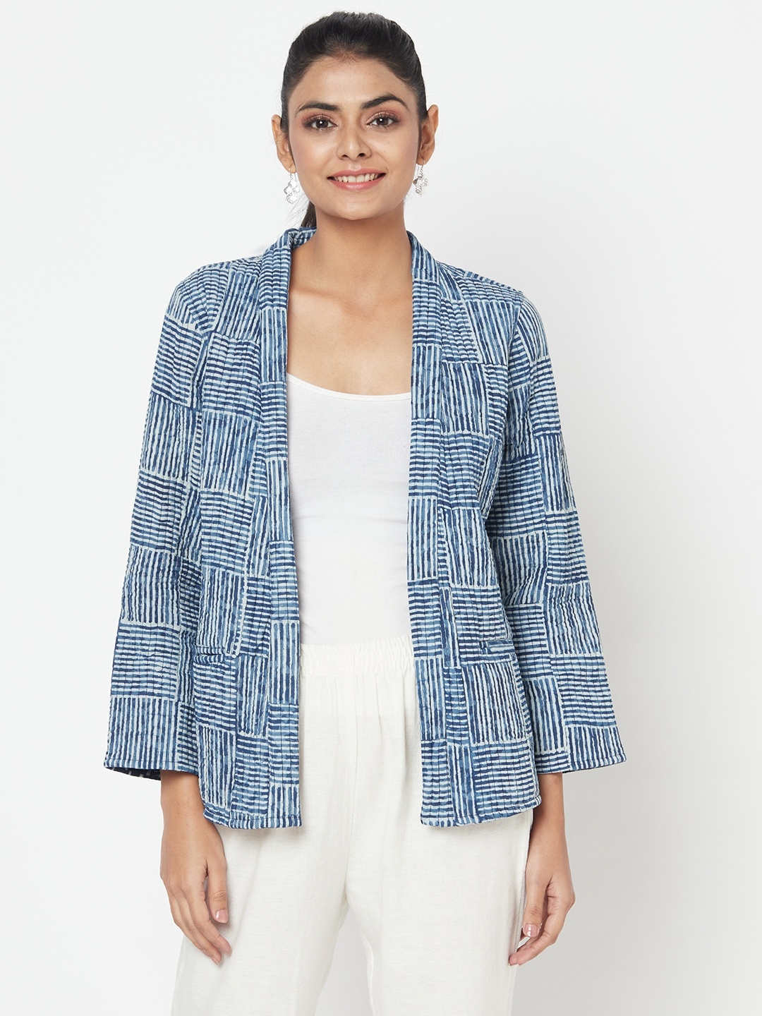 

Fabindia Women Blue & White Striped Cotton Tailored Jacket