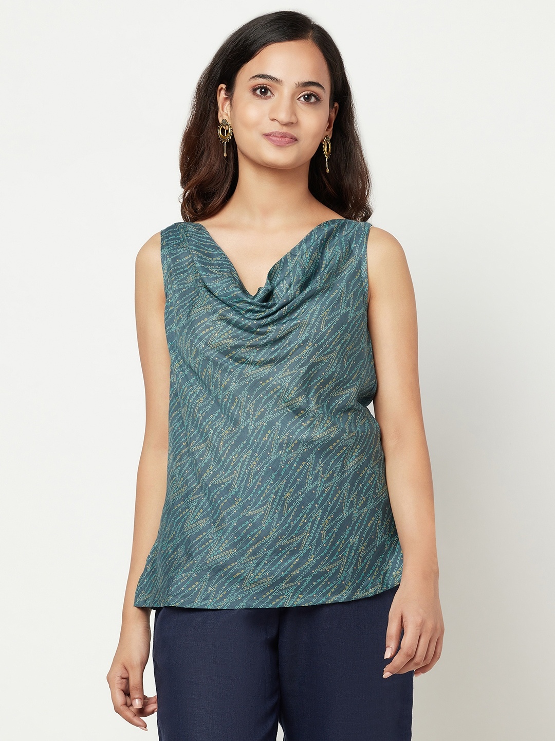 

Fabindia Teal Green & Yellow Printed Cowl Neck Regular Top