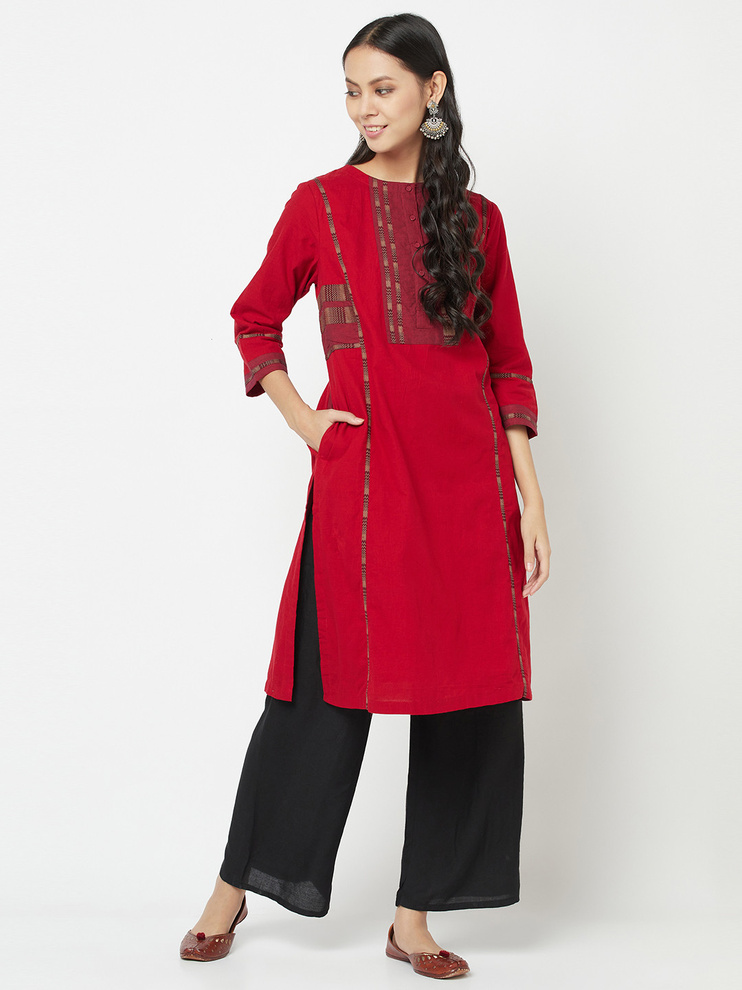 

Fabindia Women Red Pure Cotton Geometric Yoke Design Kurta