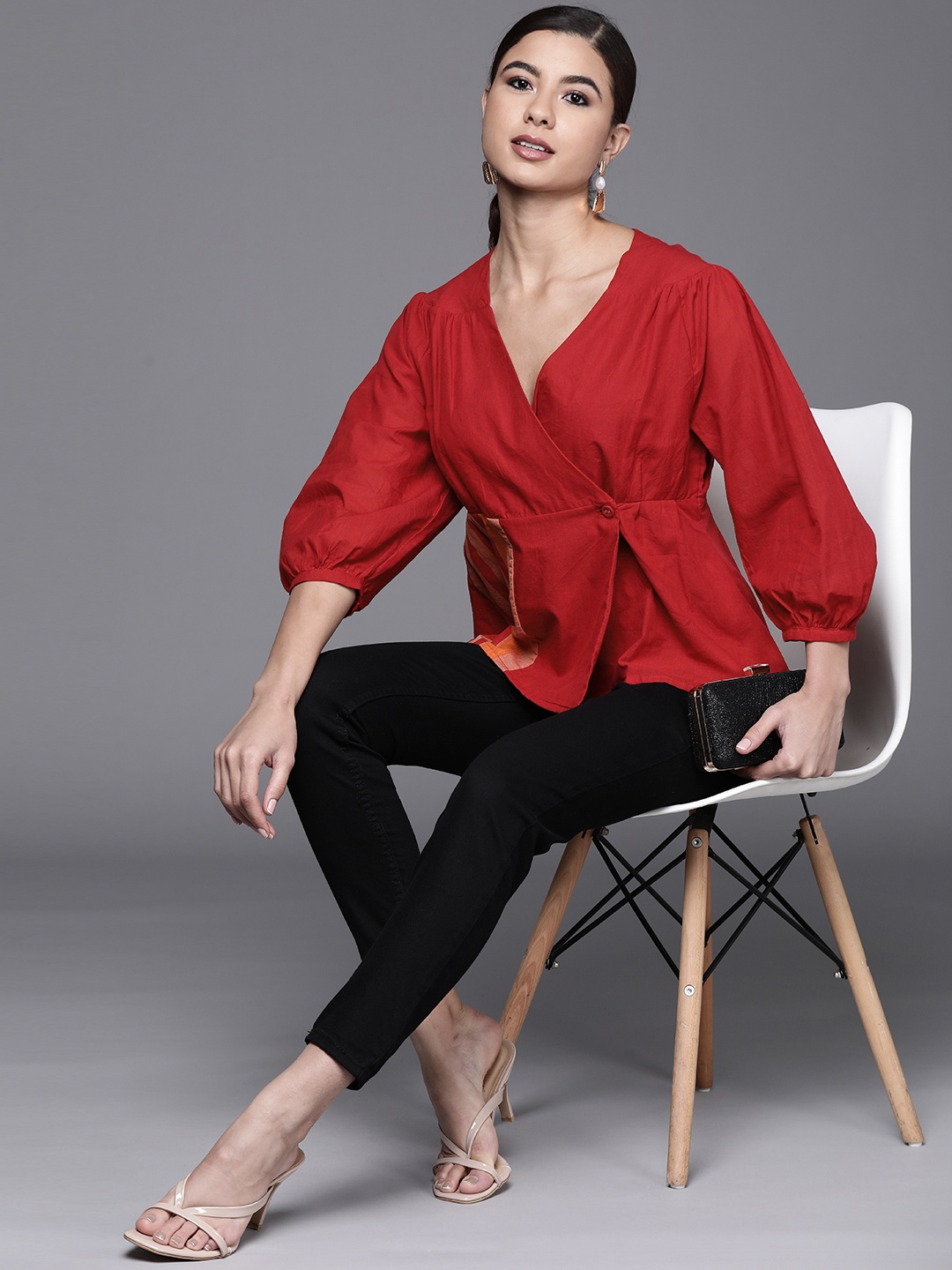 

Fabindia Maroon Pure Cotton Wrap Top