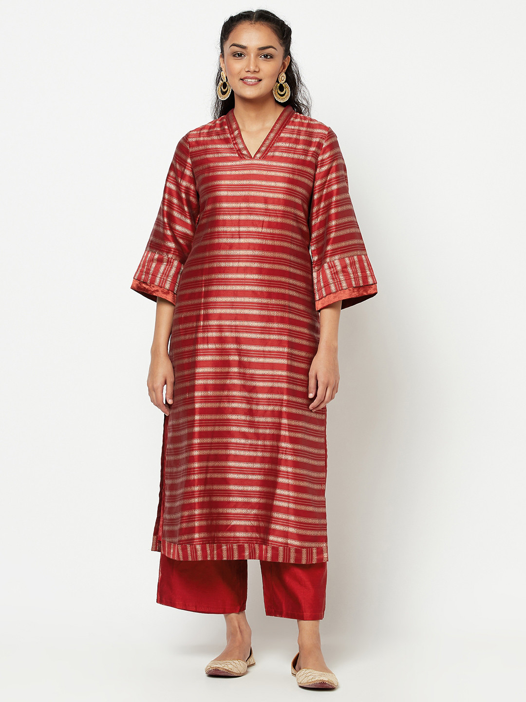 

Fabindia Women Red & Silver Striped V-Neck Kurta