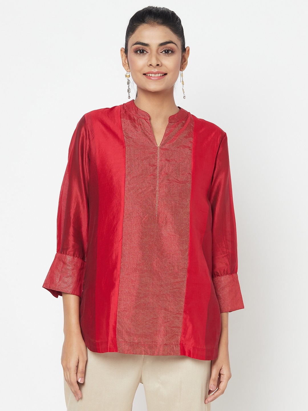 

Fabindia Women Red & Golden Striped Kurti